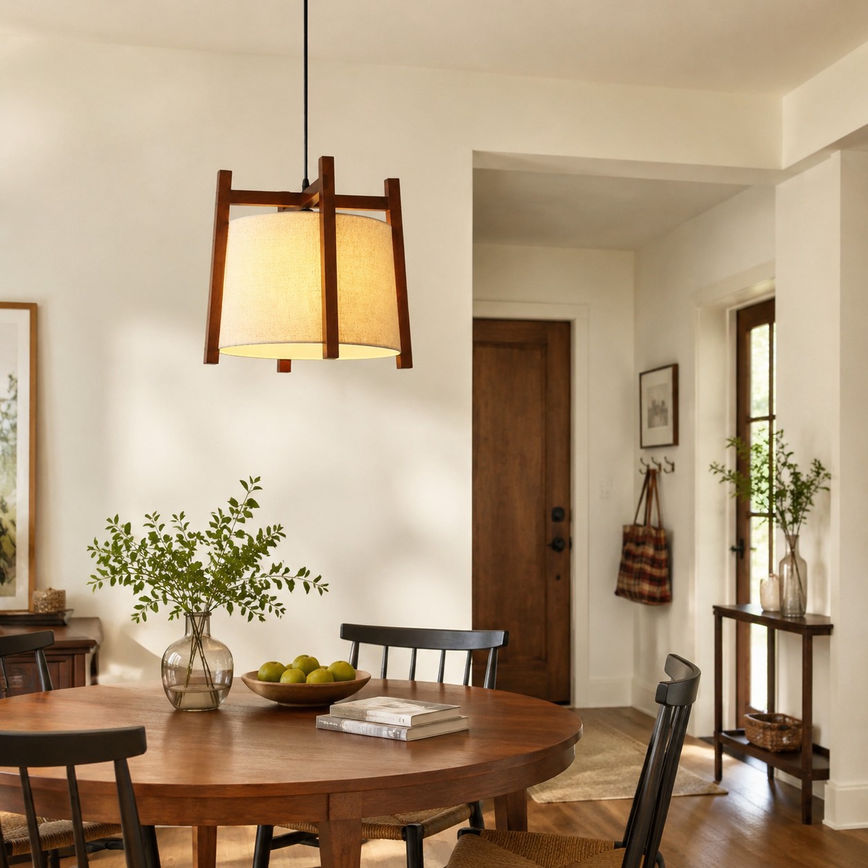 Single walnut fabric pendant light above a dining table
