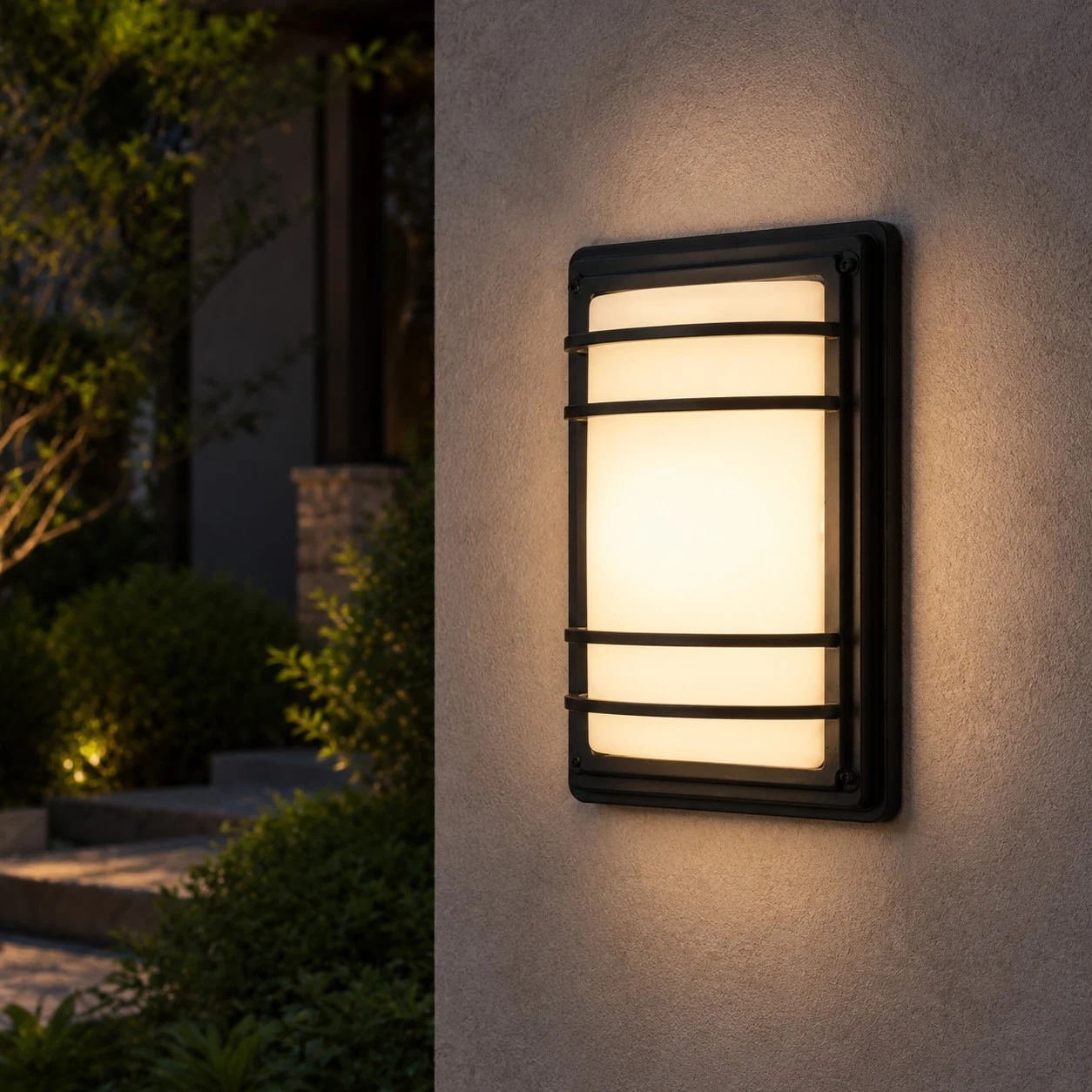 Outdoor wall light installed on an exterior wall at night